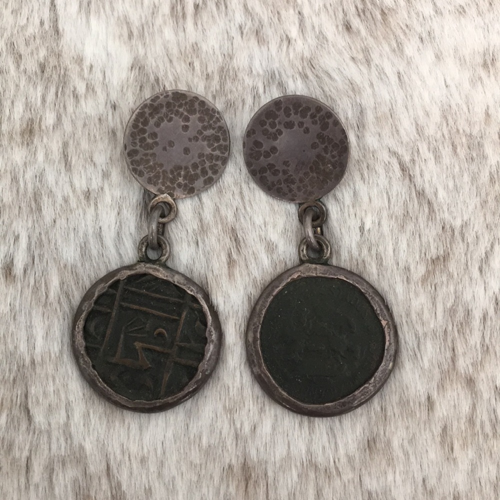 Vintage Coin Dangle Silver Tone Earring